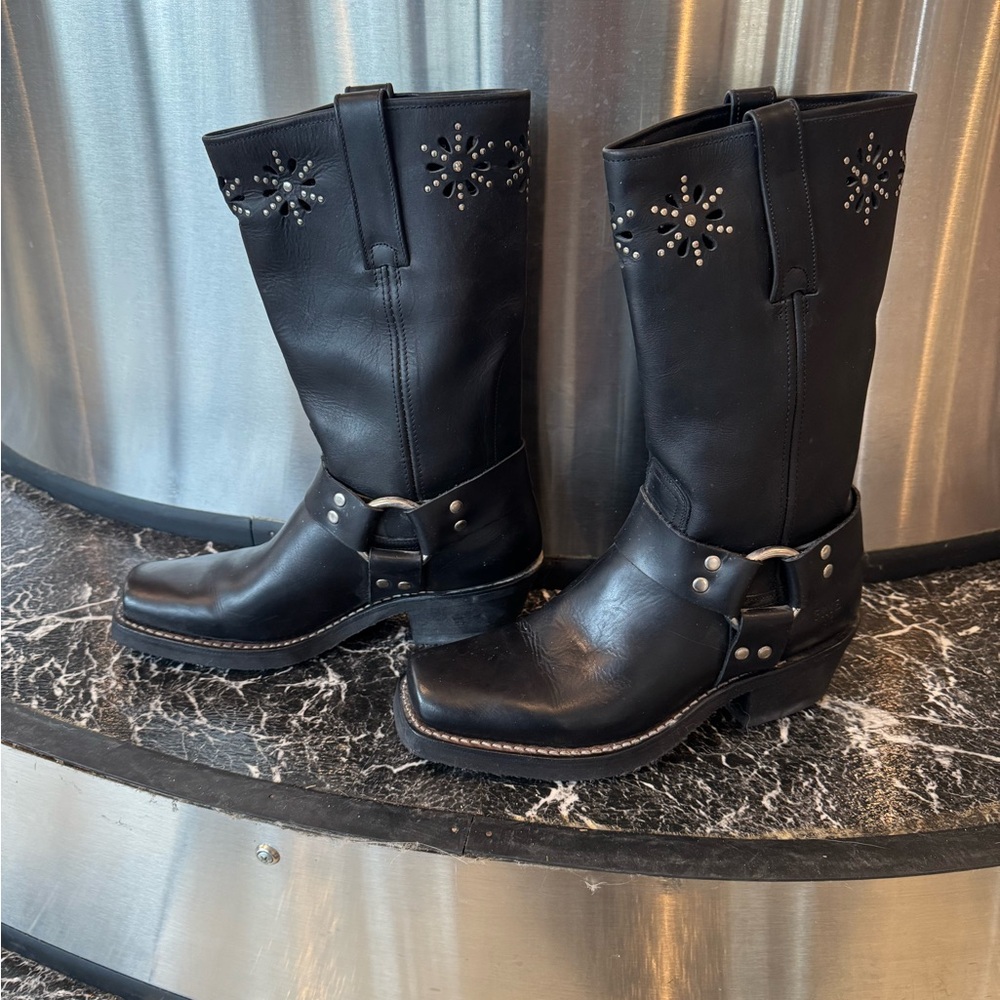 Frye Black Leather Harness Boots Studded Cutout Moto Western Women’s Sz 8 - Picture 2 of 8